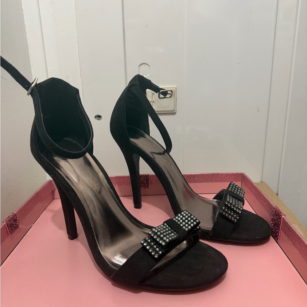 Black High Heel Ankle Strap Sandals with Bow Accent
